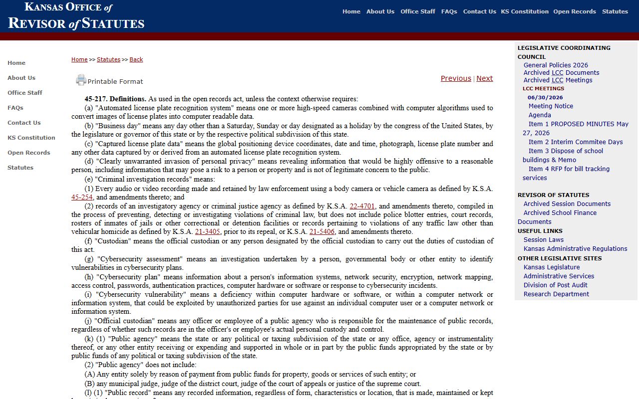 Wallace County arrest records and court charges K.S.A. 45-217 definitions