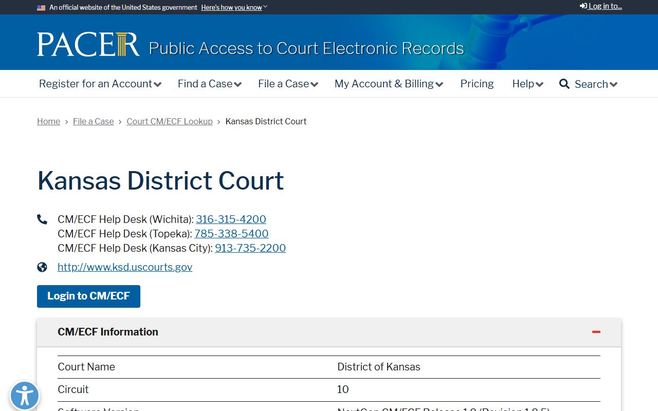 PACER lookup for the U.S. District Court for the District of Kansas