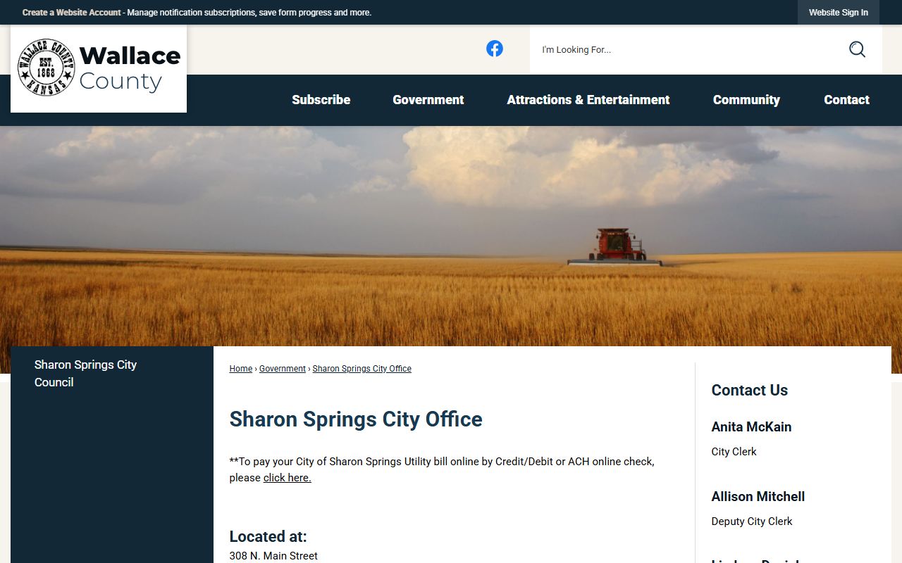 Sharon Springs City Office page with local city contact information