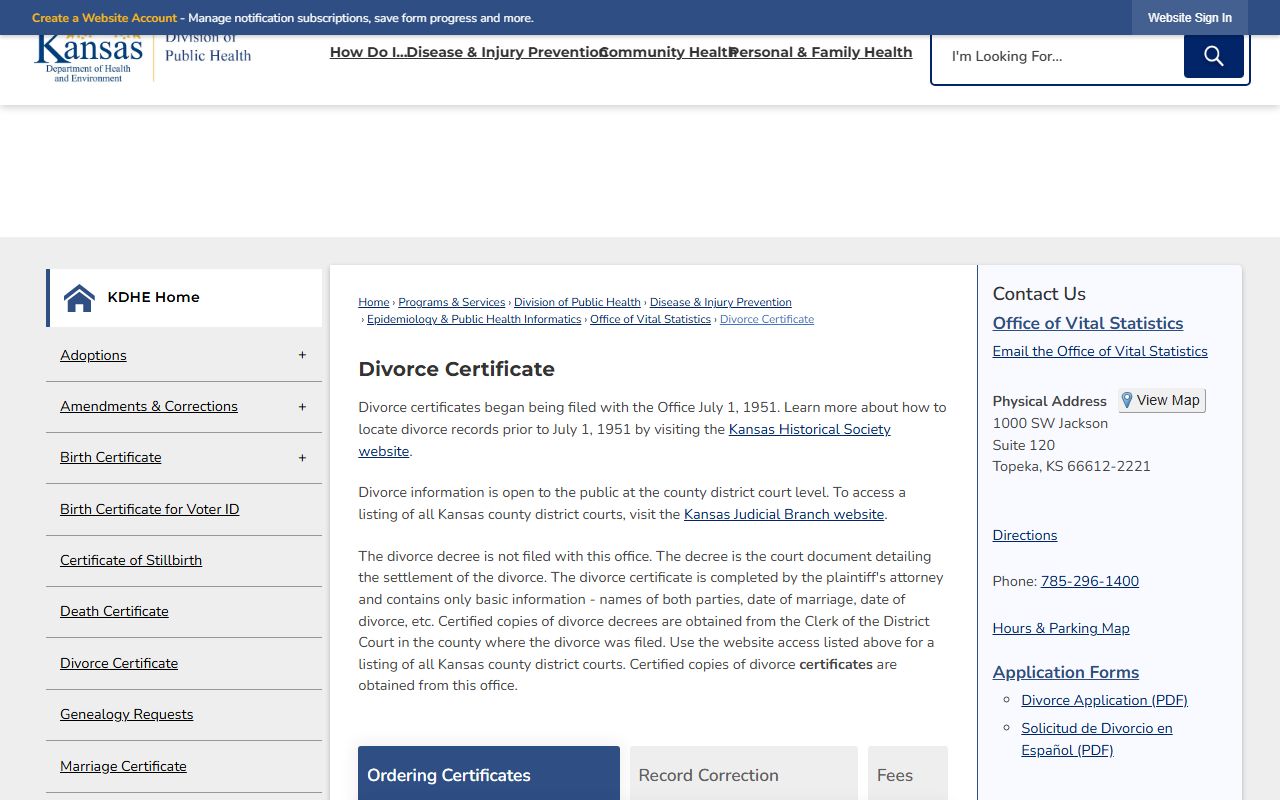 Wallace County divorce records KDHE divorce certificate